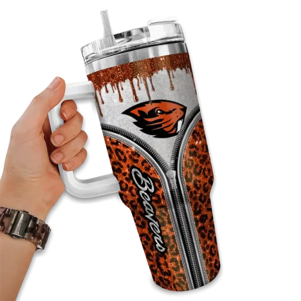 customized oregon state beavers leopard zipper orange curved tumbler fashion forward.webp