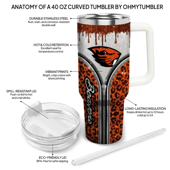 customized oregon state beavers leopard zipper orange curved tumbler new arrival.webp