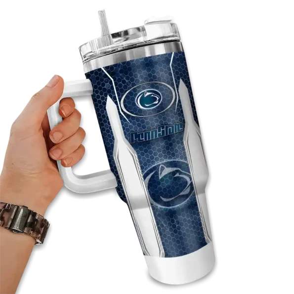 customized penn state nittany lions hexagon armor blue curved tumbler fashion forward.webp
