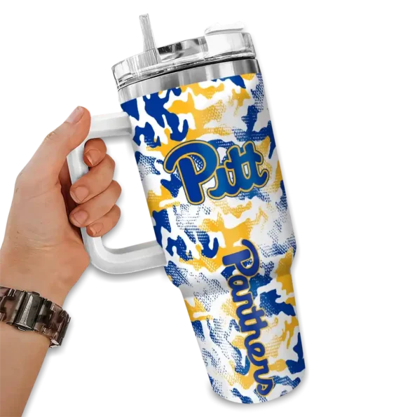 customized pittsburgh panthers camo mashup royal blue white curved tumbler fashion forward.webp