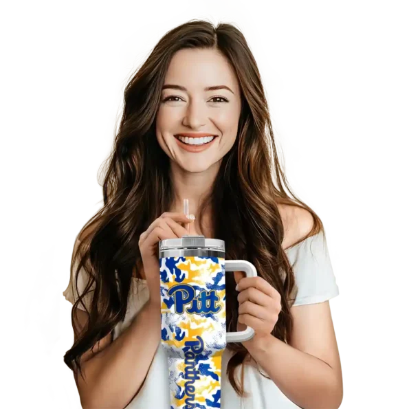 customized pittsburgh panthers camo mashup royal blue white curved tumbler premium grade.webp