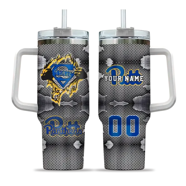 customized pittsburgh panthers superman shield royal blue gray curved tumbler best selling.webp