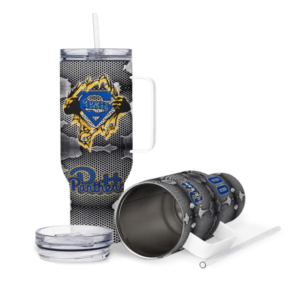 customized pittsburgh panthers superman shield royal blue gray curved tumbler high quality.webp