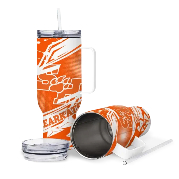 customized sam houston bearkats abstract paths orange curved tumbler high quality.webp