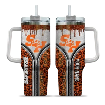 customized sam houston bearkats leopard zipper orange curved tumbler best selling.webp