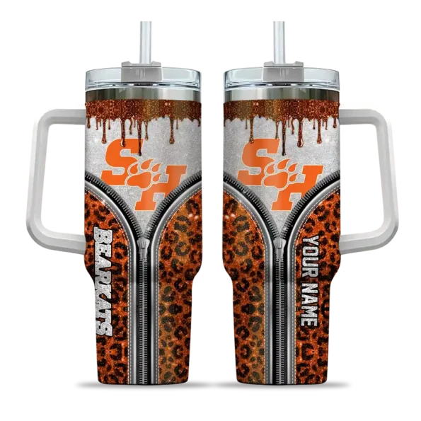 customized sam houston bearkats leopard zipper orange curved tumbler best selling.webp
