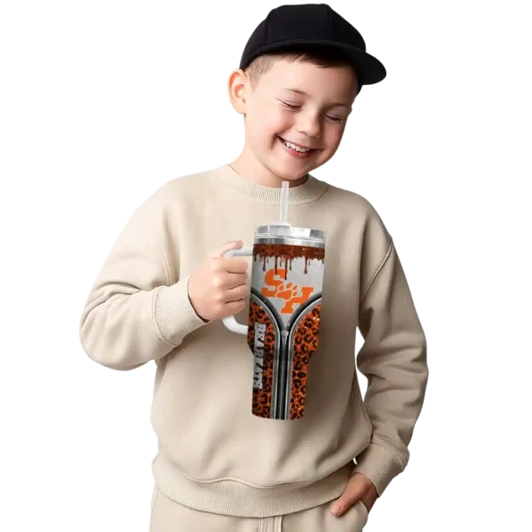 customized sam houston bearkats leopard zipper orange curved tumbler latest model.webp