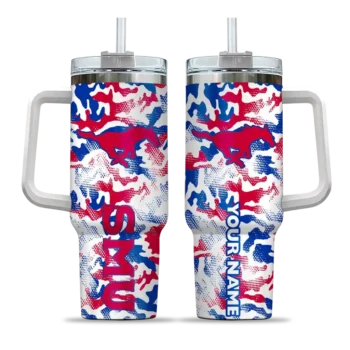 customized smu mustangs camo mashup blue white curved tumbler best selling.webp