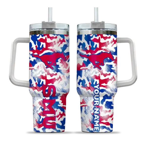 customized smu mustangs camo mashup blue white curved tumbler best selling.webp