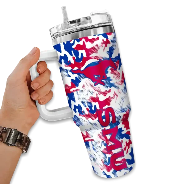 customized smu mustangs camo mashup blue white curved tumbler fashion forward.webp