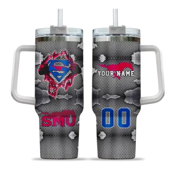 customized smu mustangs superman shield blue gray curved tumbler best selling.webp