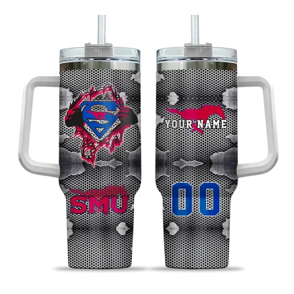 customized smu mustangs superman shield blue gray curved tumbler best selling.webp