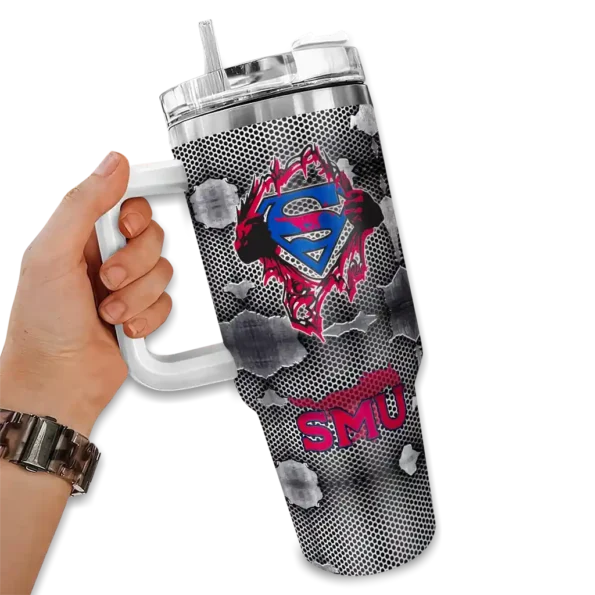 customized smu mustangs superman shield blue gray curved tumbler fashion forward.webp