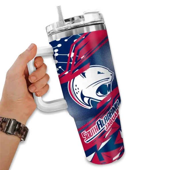 customized south alabama jaguars abstract paths blue curved tumbler fashion forward.webp