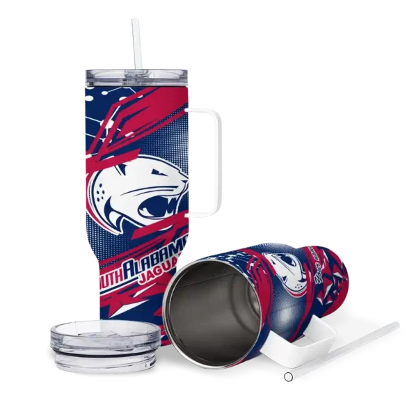 customized south alabama jaguars abstract paths blue curved tumbler high quality.webp