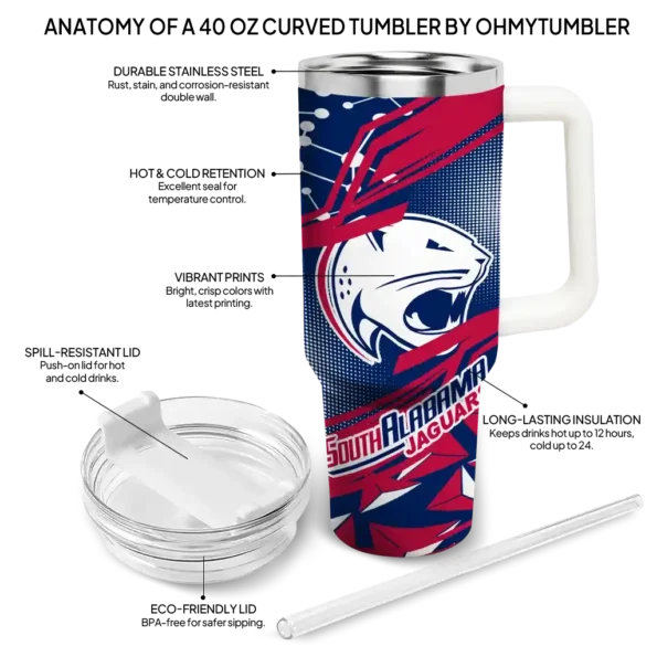 customized south alabama jaguars abstract paths blue curved tumbler new arrival.webp