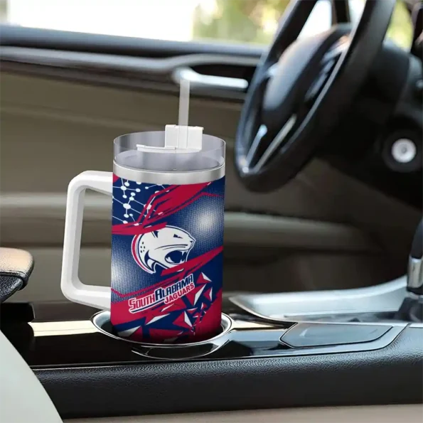 customized south alabama jaguars abstract paths blue curved tumbler trendy.webp