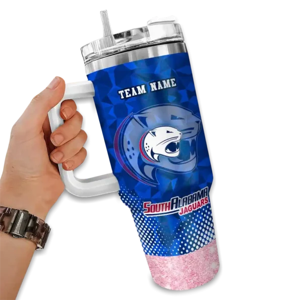 customized south alabama jaguars geometric prism blue curved tumbler fashion forward.webp
