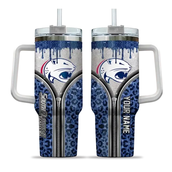 customized south alabama jaguars leopard zipper blue curved tumbler best selling.webp