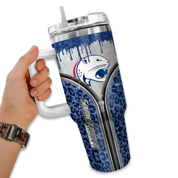 customized south alabama jaguars leopard zipper blue curved tumbler fashion forward.webp