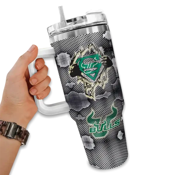 customized south florida bulls superman shield green gray curved tumbler fashion forward.webp