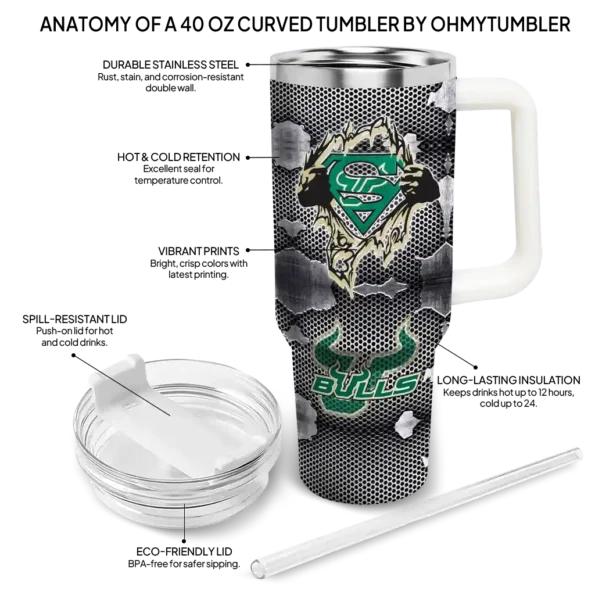 customized south florida bulls superman shield green gray curved tumbler new arrival.webp