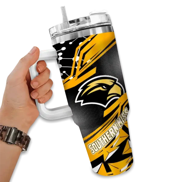customized southern miss golden eagles abstract paths black curved tumbler fashion forward.webp