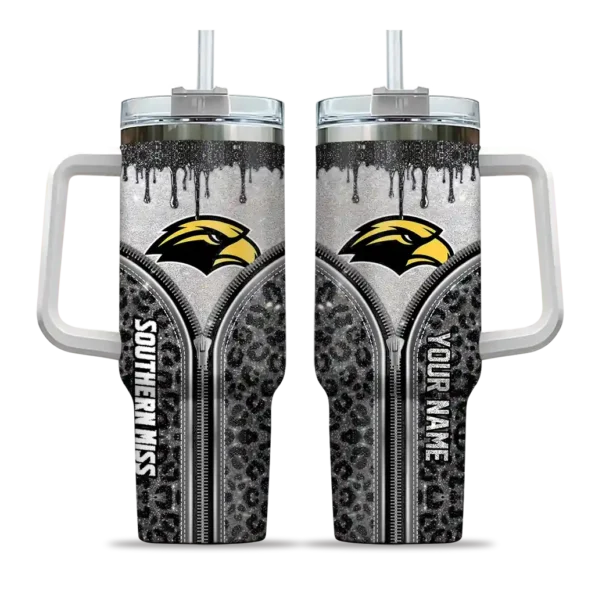 customized southern miss golden eagles leopard zipper black curved tumbler best selling.webp