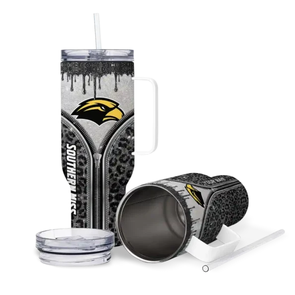 customized southern miss golden eagles leopard zipper black curved tumbler high quality.webp