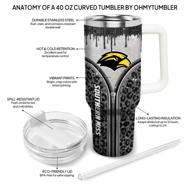 customized southern miss golden eagles leopard zipper black curved tumbler new arrival.webp