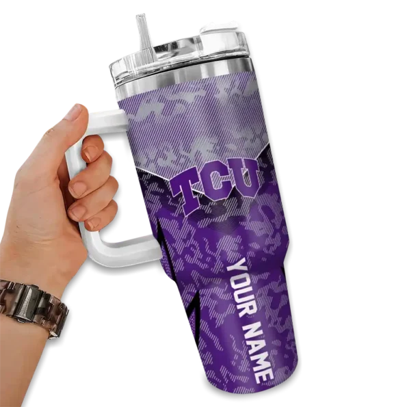 customized tcu horned frogs chevron stripe purple curved tumbler fashion forward.webp