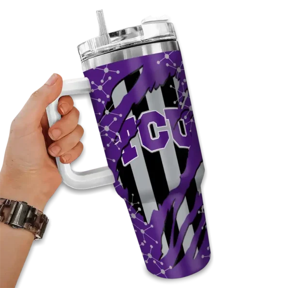customized tcu horned frogs claw cut purple black curved tumbler fashion forward.webp