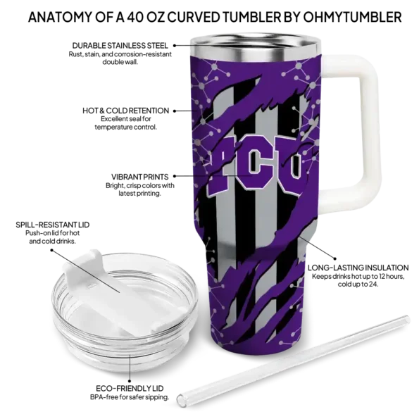 customized tcu horned frogs claw cut purple black curved tumbler new arrival.webp