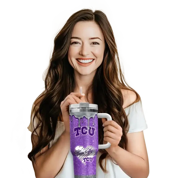 customized tcu horned frogs heart helmet motif purple curved tumbler premium grade.webp