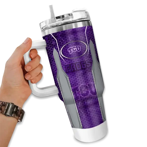 customized tcu horned frogs hexagon armor purple curved tumbler fashion forward.webp