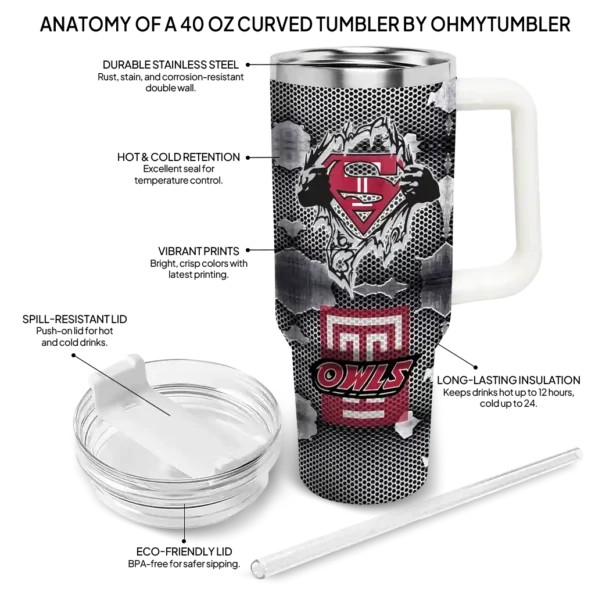 customized temple owls superman shield red gray curved tumbler new arrival.webp