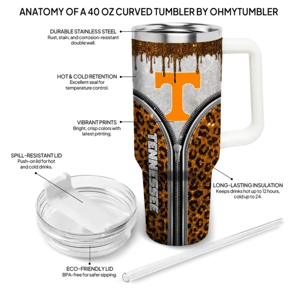 customized tennessee volunteers leopard zipper orange curved tumbler new arrival.webp