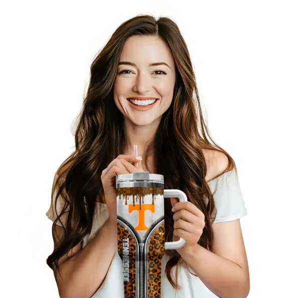customized tennessee volunteers leopard zipper orange curved tumbler premium grade.webp