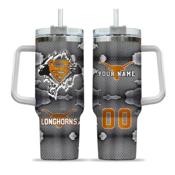 customized texas longhorns superman shield orange gray curved tumbler best selling.webp