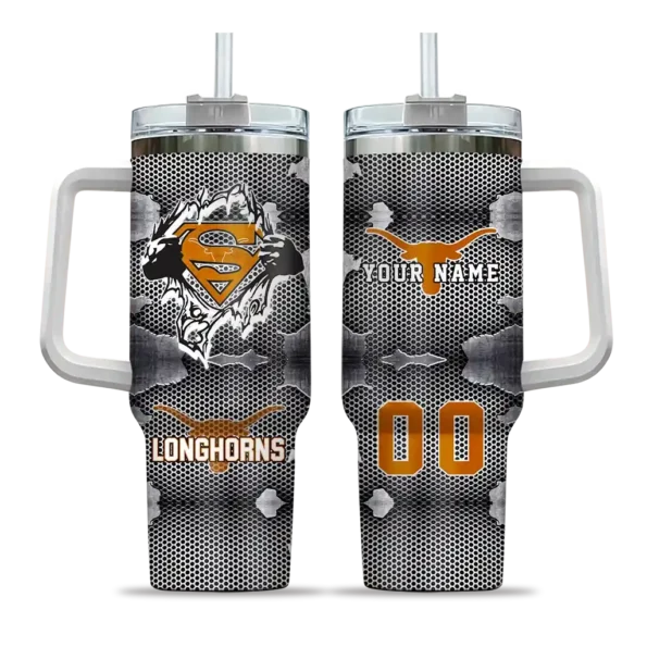 customized texas longhorns superman shield orange gray curved tumbler best selling.webp