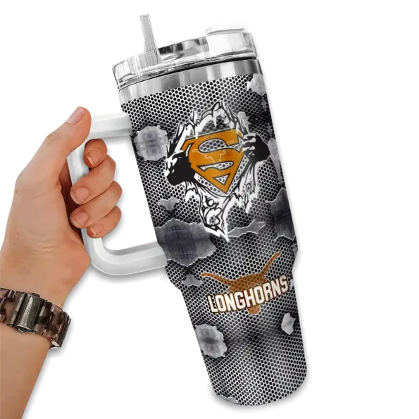 customized texas longhorns superman shield orange gray curved tumbler fashion forward.webp