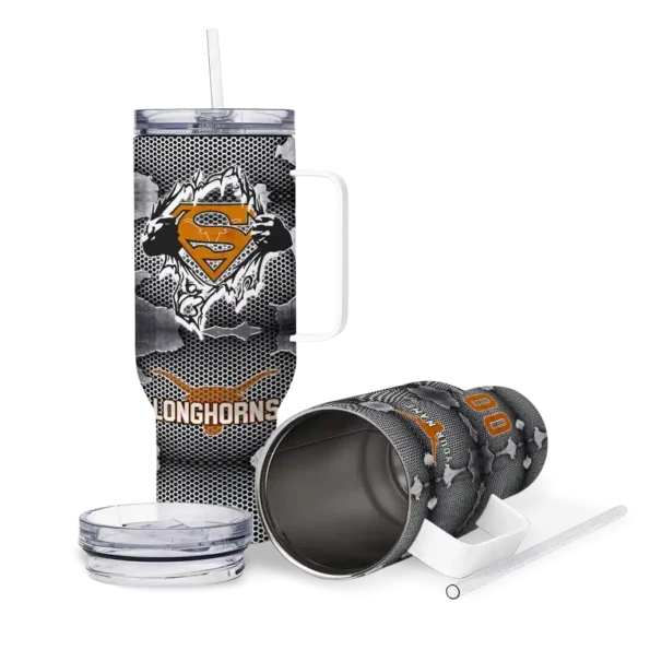 customized texas longhorns superman shield orange gray curved tumbler high quality.webp