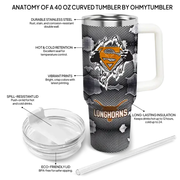 customized texas longhorns superman shield orange gray curved tumbler new arrival.webp