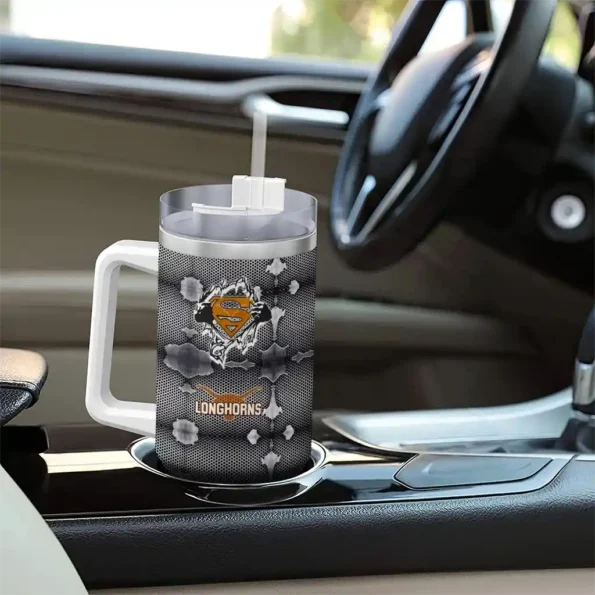 customized texas longhorns superman shield orange gray curved tumbler trendy.webp