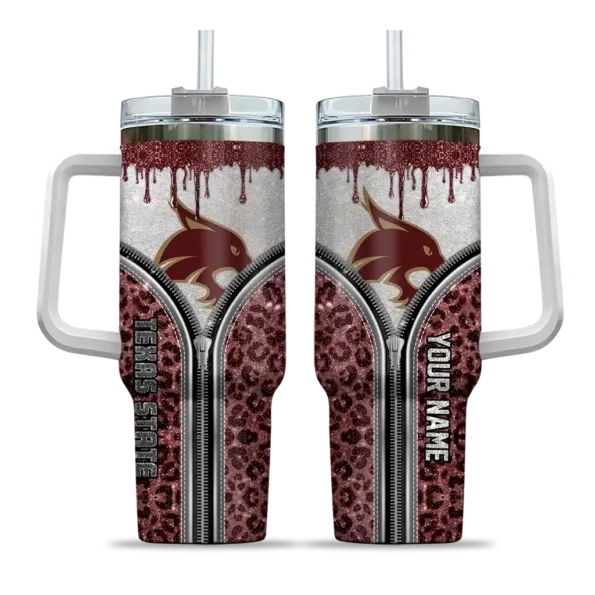 customized texas state bobcats leopard zipper maroon curved tumbler best selling.webp