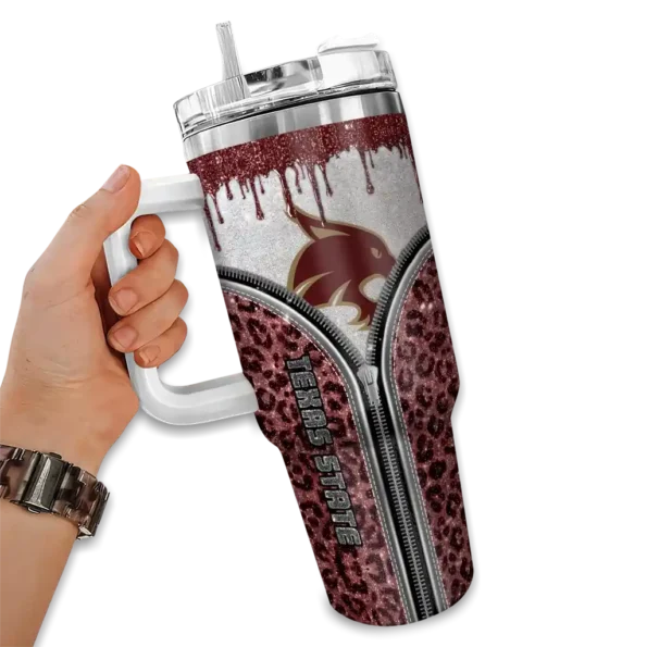 customized texas state bobcats leopard zipper maroon curved tumbler fashion forward.webp