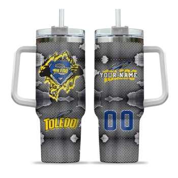 customized toledo rockets superman shield blue gray curved tumbler best selling.webp
