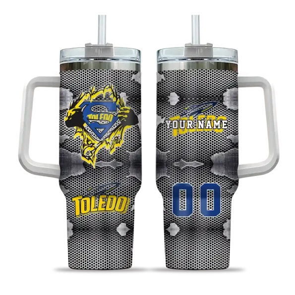 customized toledo rockets superman shield blue gray curved tumbler best selling.webp