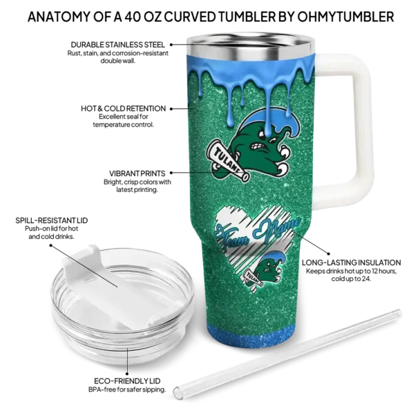customized tulane green wave heart helmet motif green curved tumbler new arrival.webp