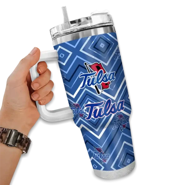 customized tulsa golden hurricane bold diamonds blue curved tumbler fashion forward.webp